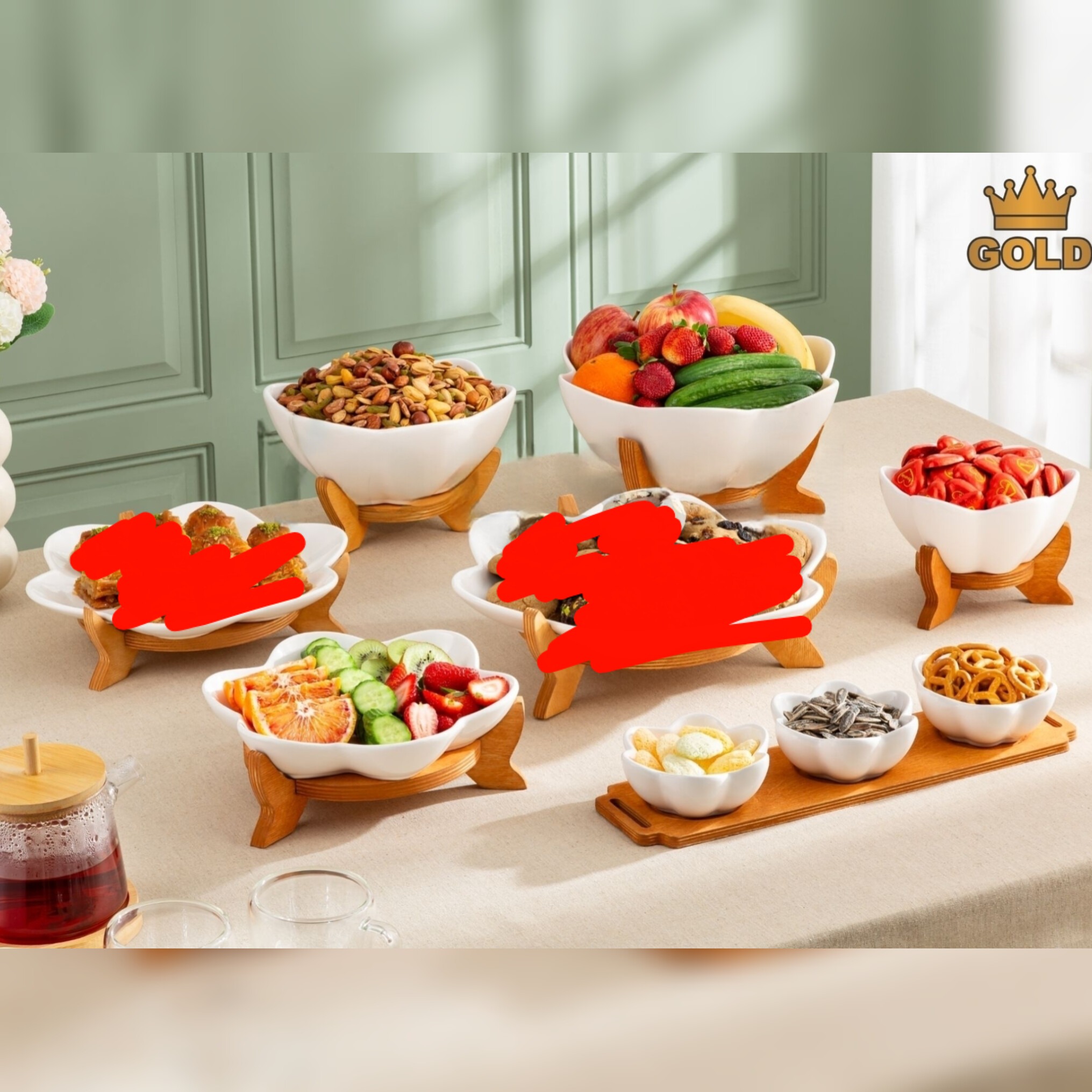 سرویس پذیرایی 16 پارچه چینی لاله با استند چوبی