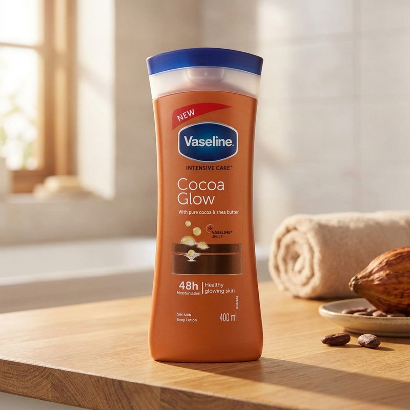 لوسیون بدن وازلین مدل Cocoa Glow حجم 400 میلی لیتر نرم کننده و آبرسان پوست خشک و حساس با عصاره کاکائو و شی باتر، حاوی...جدید