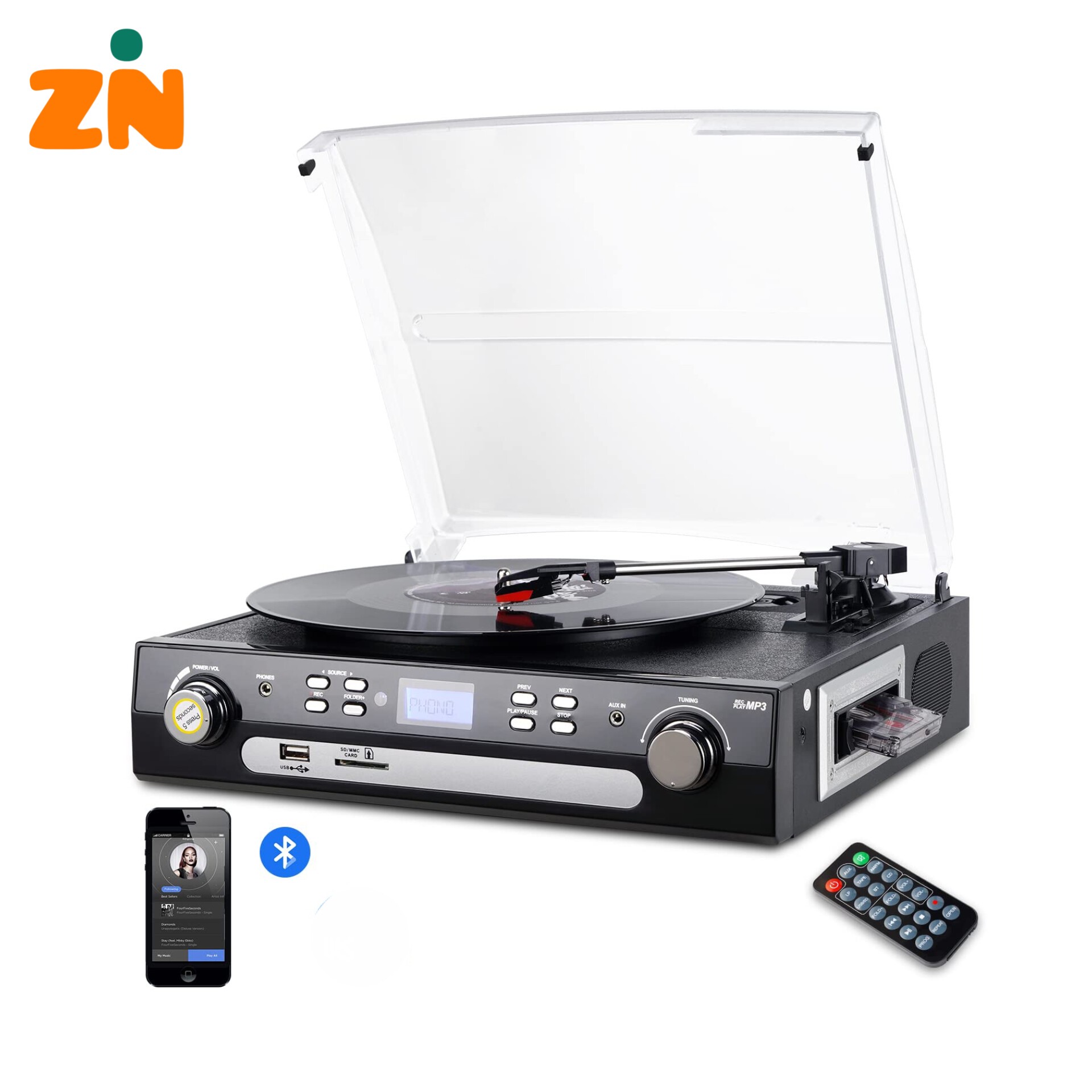 گرامافون بلوتوثی برندDIGITNOW قابلیت تبدیل وینیل به MP3 کاست، رادیو AM FM، USB SDجدید