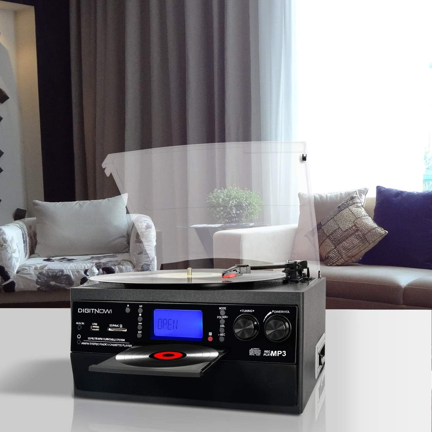 گرامافون بلوتوثی DIGITNOW با بلندگوی استریو تبدیل وینیل LP به MP3، پخش CD و کاست، رادیو، AUX، USB و SD با کنترل از را...جدید