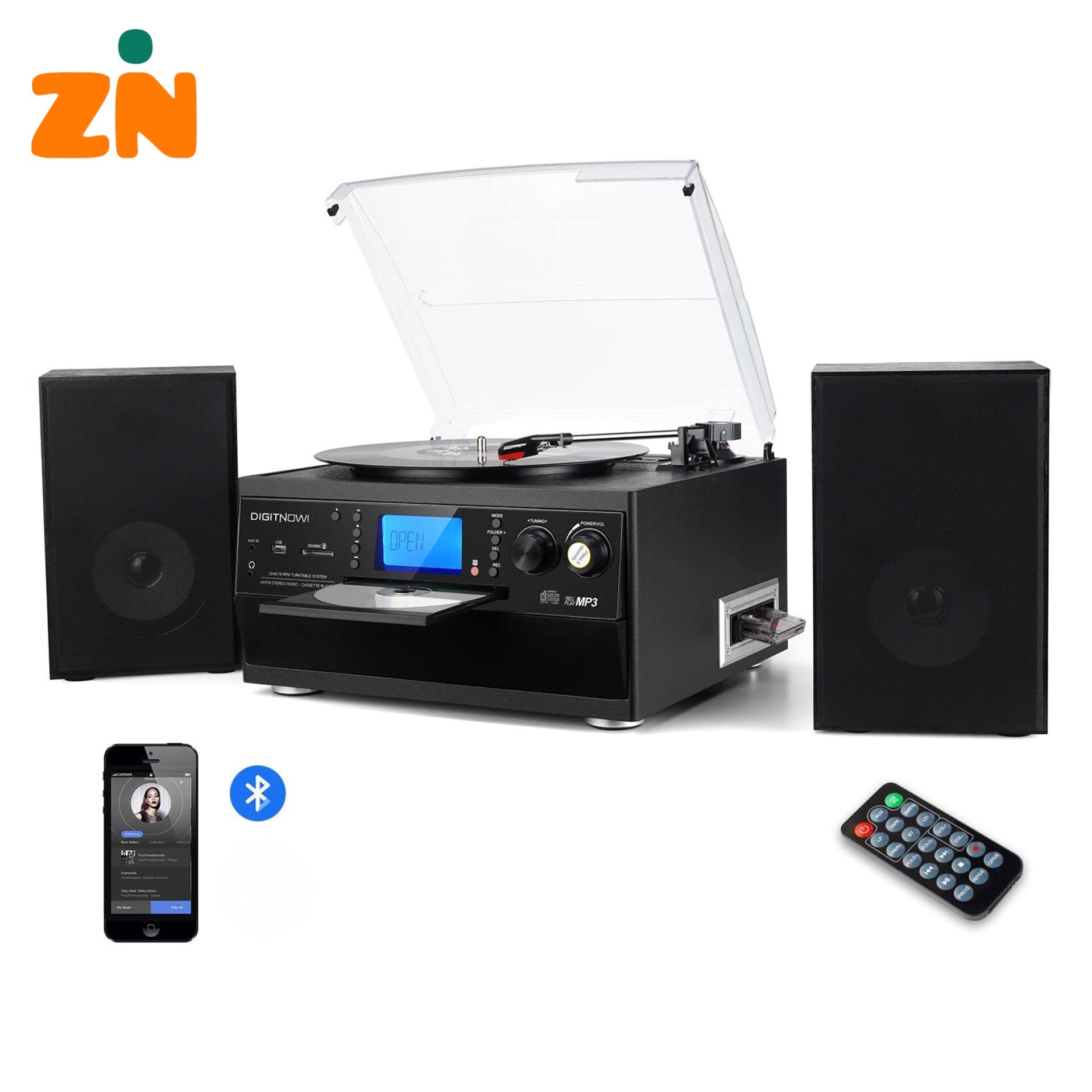 گرامافون بلوتوثی برند DIGITNOW تبدیل وینیل LP به MP3، با 2 بلندگوی جانبی پخش CD و کاست، رادیو، AUX، USB و SD با کنترل...جدید