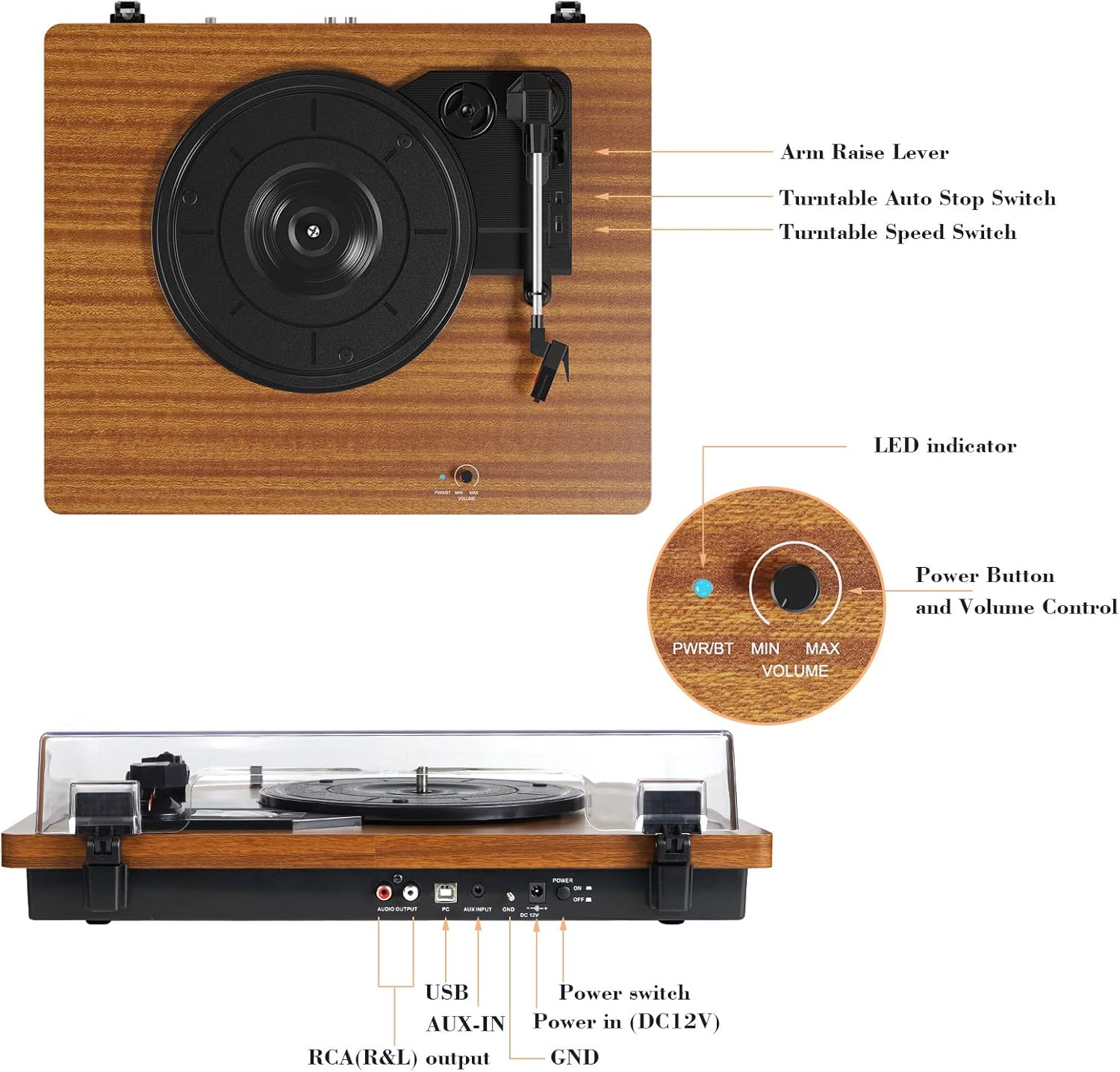 گرامافون بلوتوثی چوبی مدل M514 سه سرعته با 2 اسپیکر جانبی و تبدیل وینیل به MP3جدید