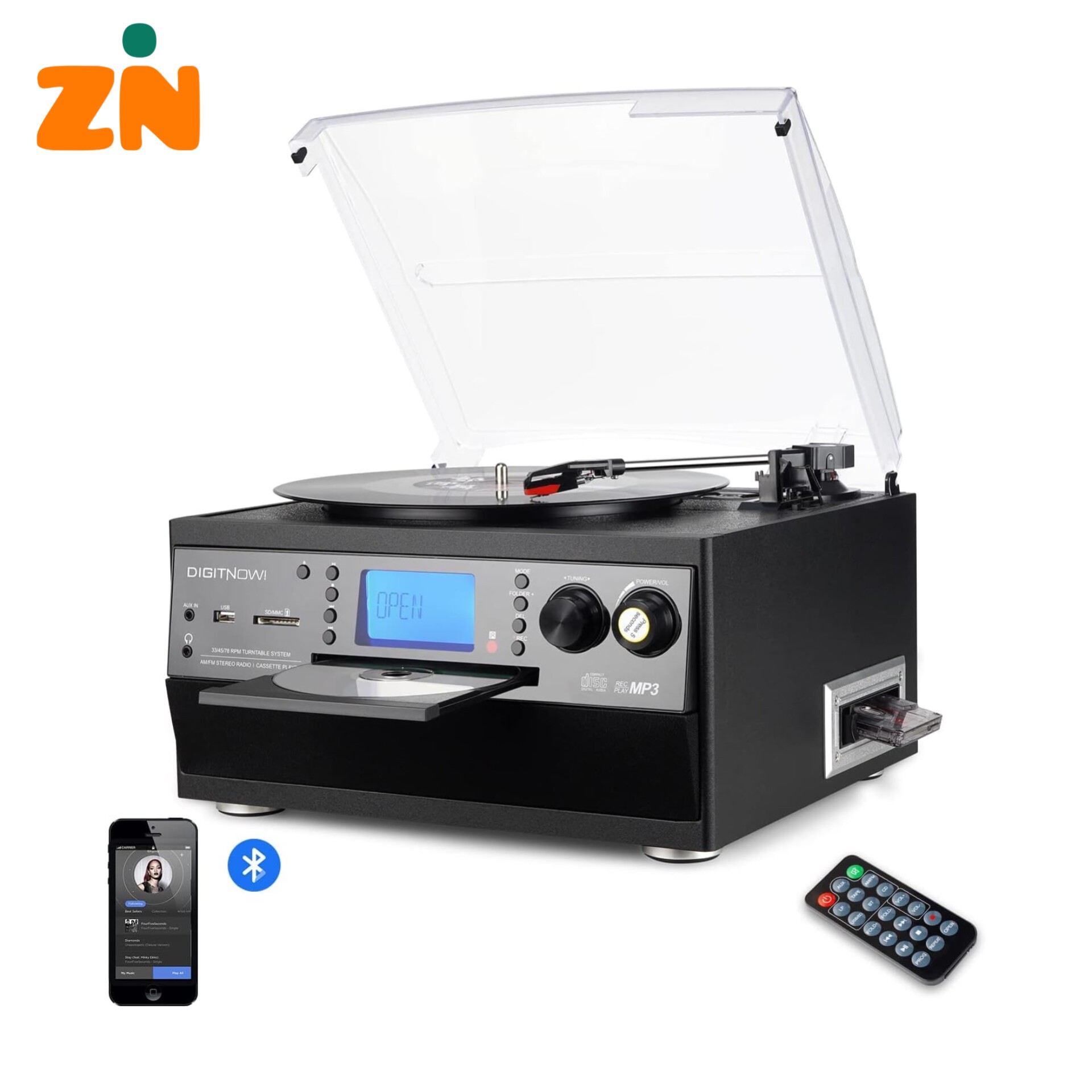 گرامافون بلوتوثی DIGITNOW با بلندگوی استریو تبدیل وینیل LP به MP3، پخش CD و کاست، رادیو، AUX، USB و SD با کنترل از را...جدید