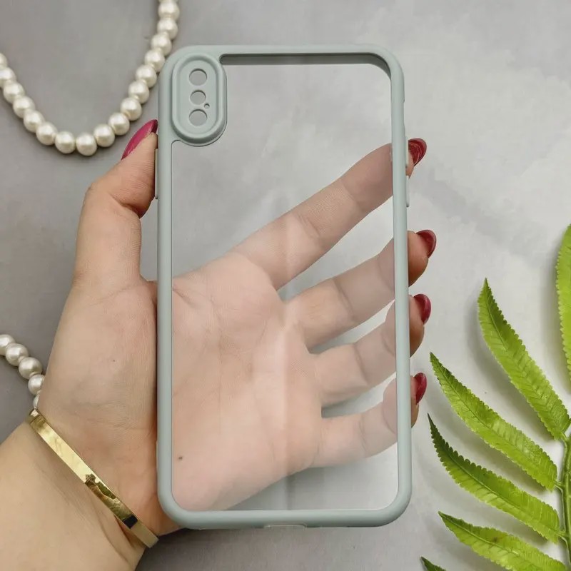 قاب گوشی iPhone XS Max آیفون پشت طلق شفاف دور سیلیکونی دور رنگی محافظ لنز برجسته طوسی کد E21-129540