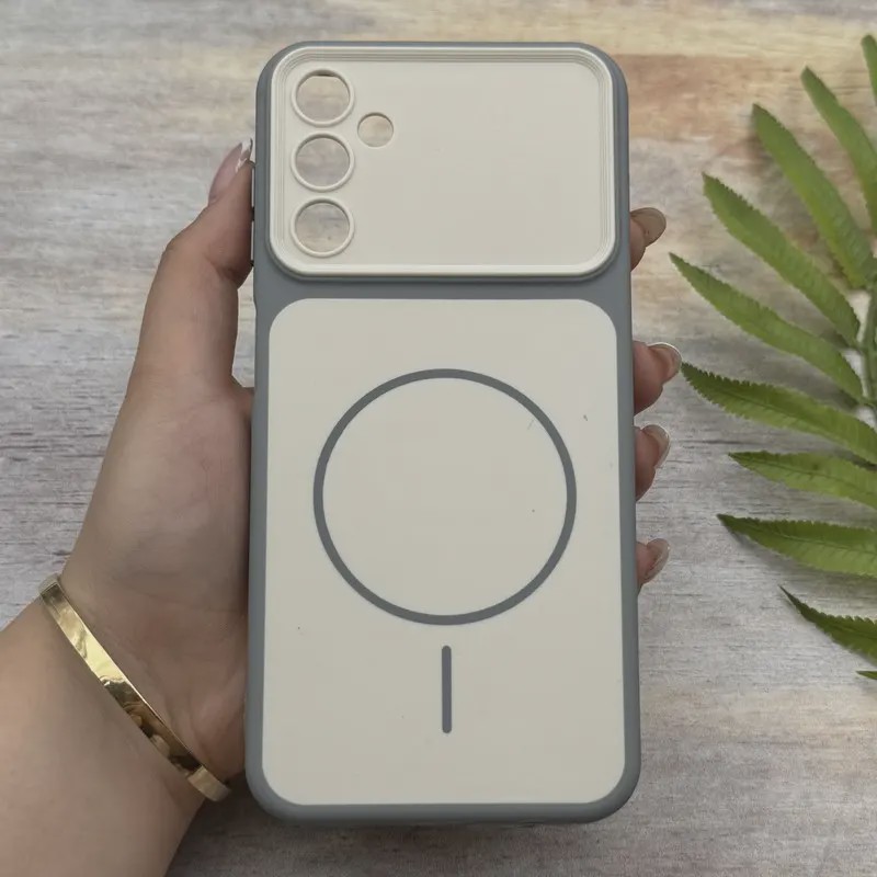 قاب گوشی Galaxy A14 سامسونگ مات NEW PVD سیلیکونی تبدیل آیفون 17 دکمه فلزی طرح مگ سیف نقره ای کد E20-158374