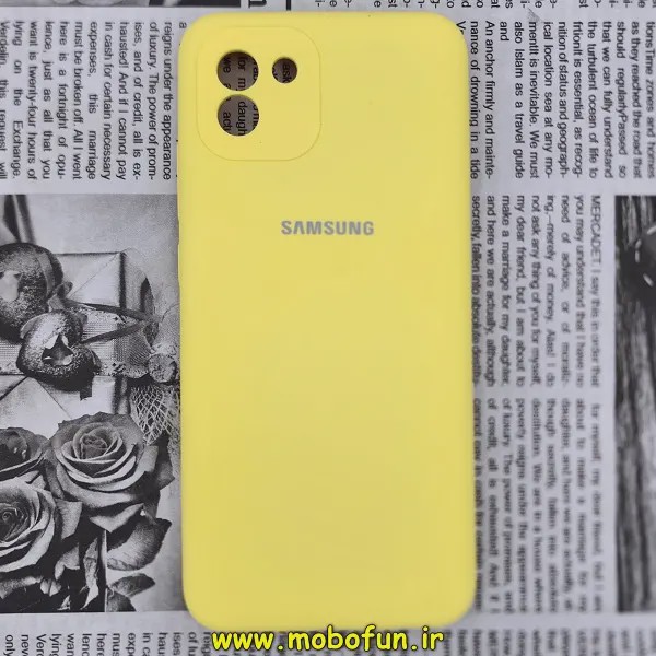 قاب گوشی Galaxy A03 2022 سامسونگ سیلیکونی اورجینال سورا SORA پاک کنی درجه یک زیربسته محافظ لنز دار زرد کد 48
