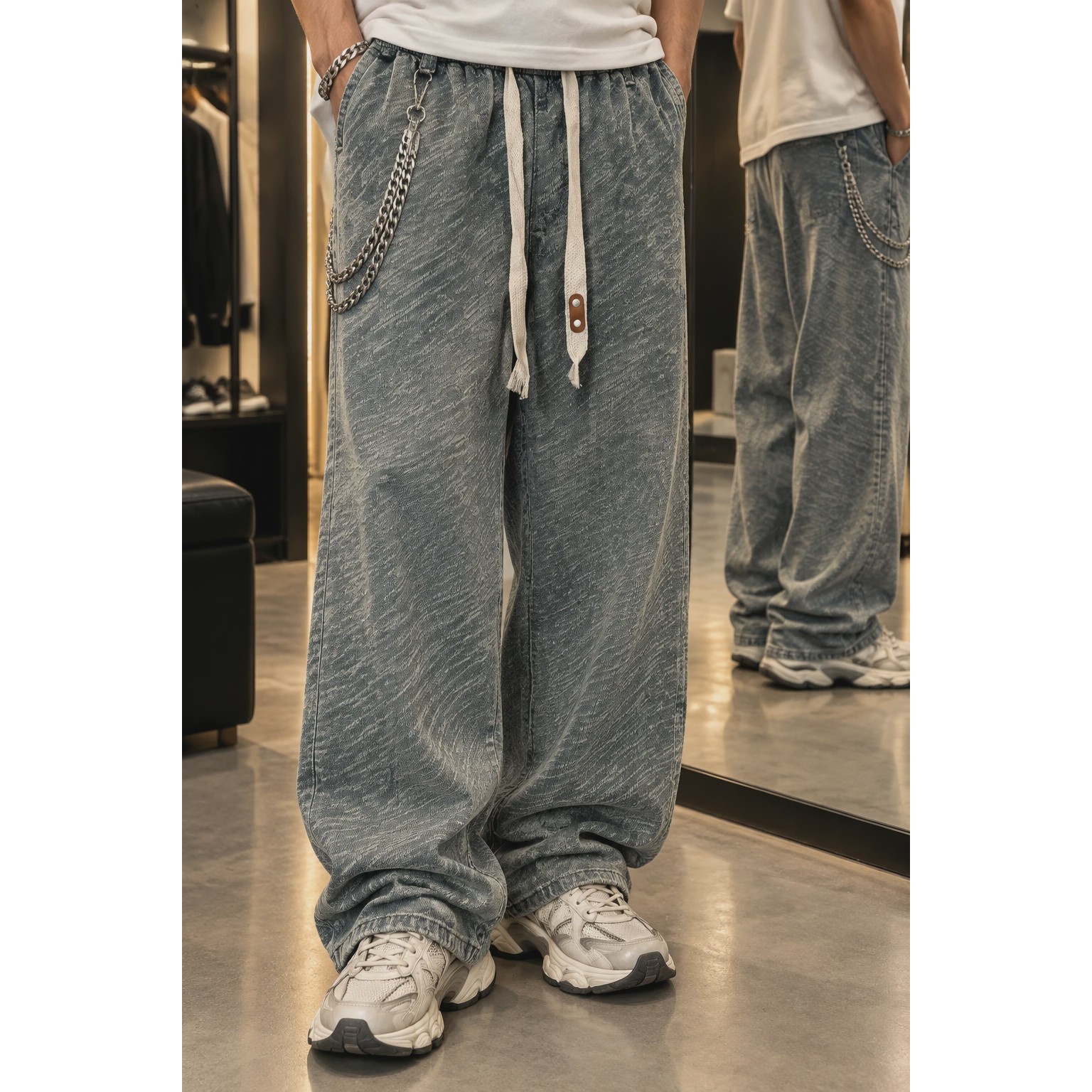 شلوار دنیم بگ کژوال مستر کوالیتی بافت برجسته زنبوری Smoky Blue Streetwear Pantsجدید
