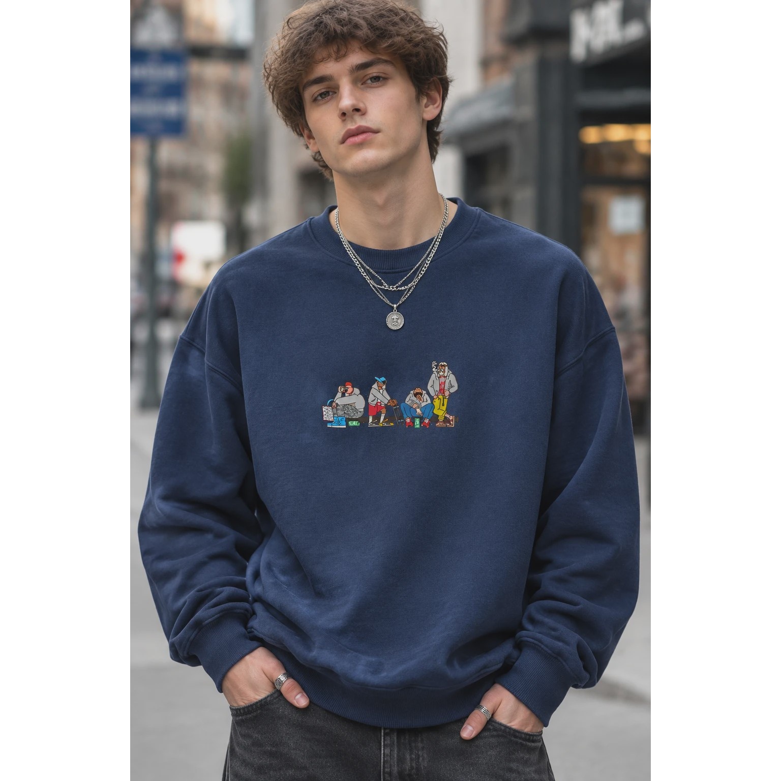 دورس سه نخ لش سرمه ای مردانه چاپ گرافیکی هیپ هاپی Urban Cartoon Crewneckجدید