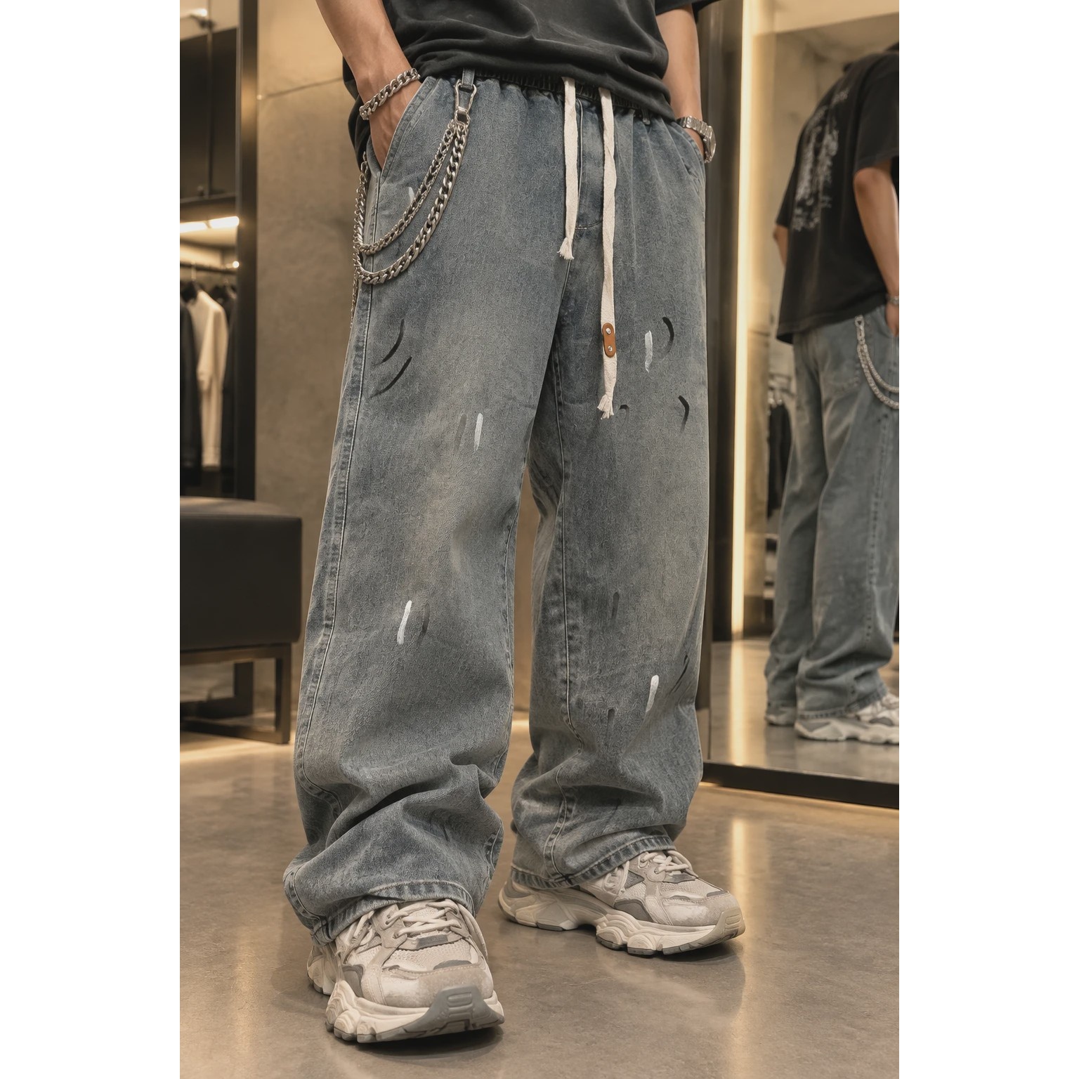 شلوار جین لش استریت استایل آرت ورک کمر کشی ابی دودی مستر کوالیتی Vintage Painted Denim Pantsجدید