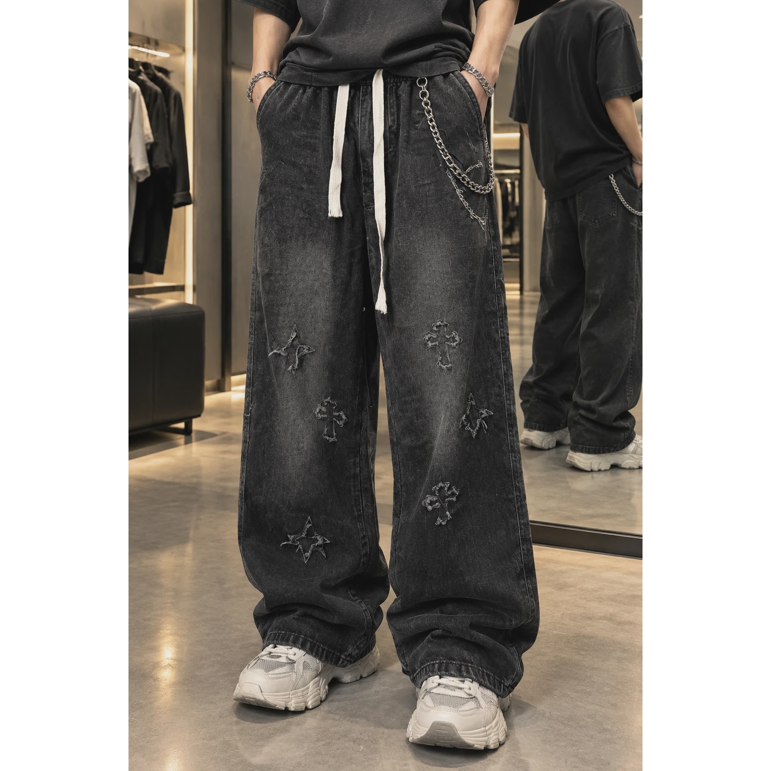شلوار بگ جین مردانه طرح گوتیک Y2K مشکی زغالی مستر کوالیتی Gothic Cross Baggy Jeans
