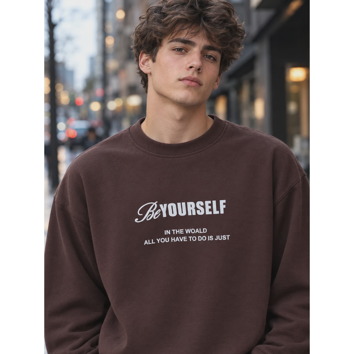 دورس مردانه یقه گرد سه نخ قهوه ای موکا طرح تایپوگرافی پشت چاپ LIONIDAS Urban Crewneckجدید