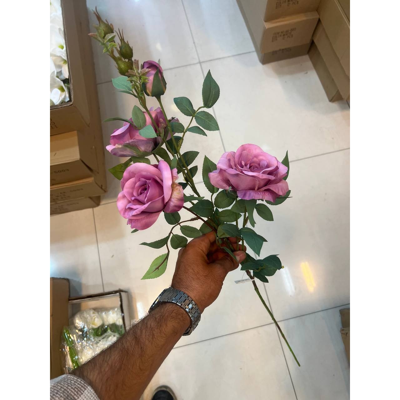 شاخه رز فرانسوی بنفش مصنوعی وارداتی 3گل و یک غنچه