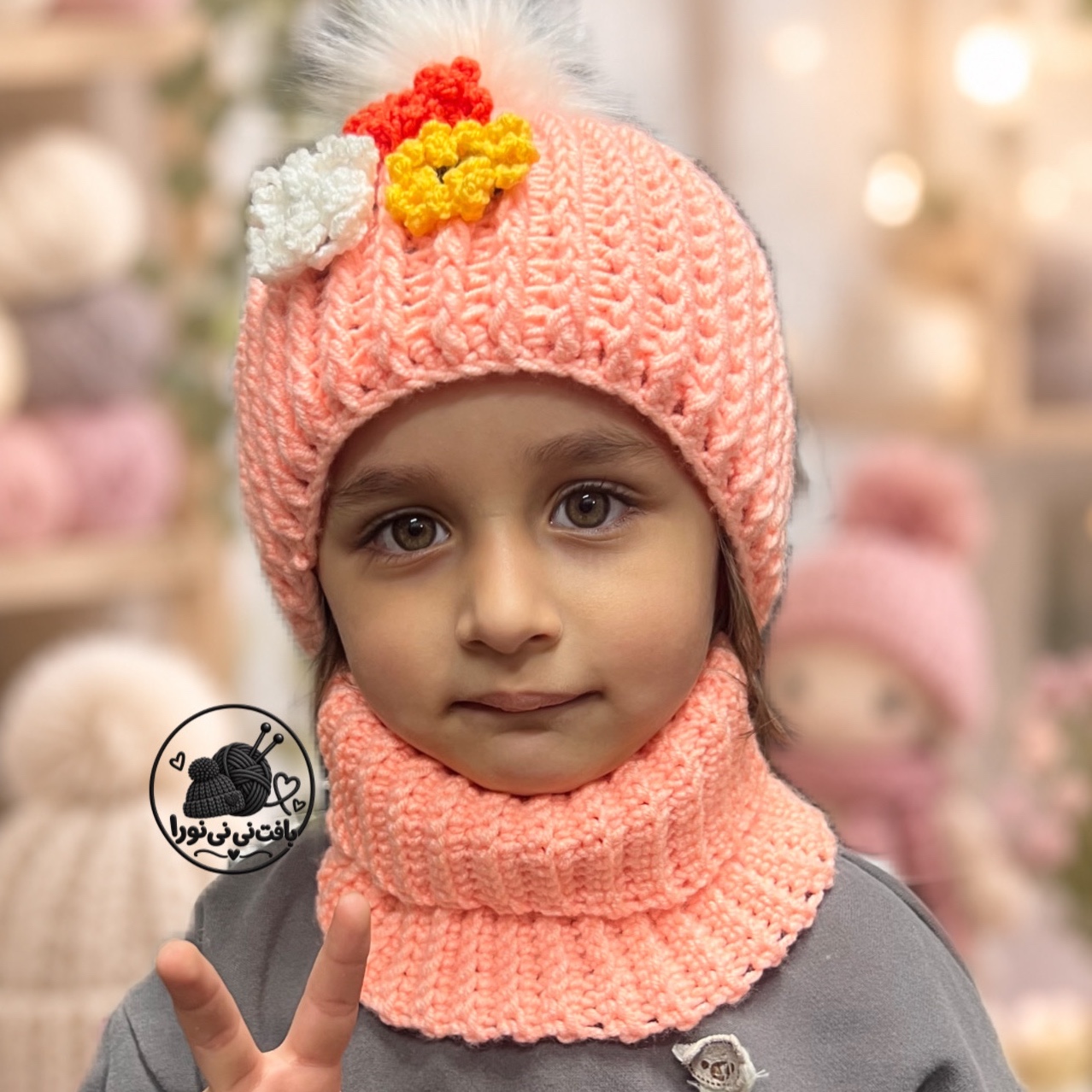 کلاه و شال رینگی و دستکش دستبافت دخترونه گلبهی جدید