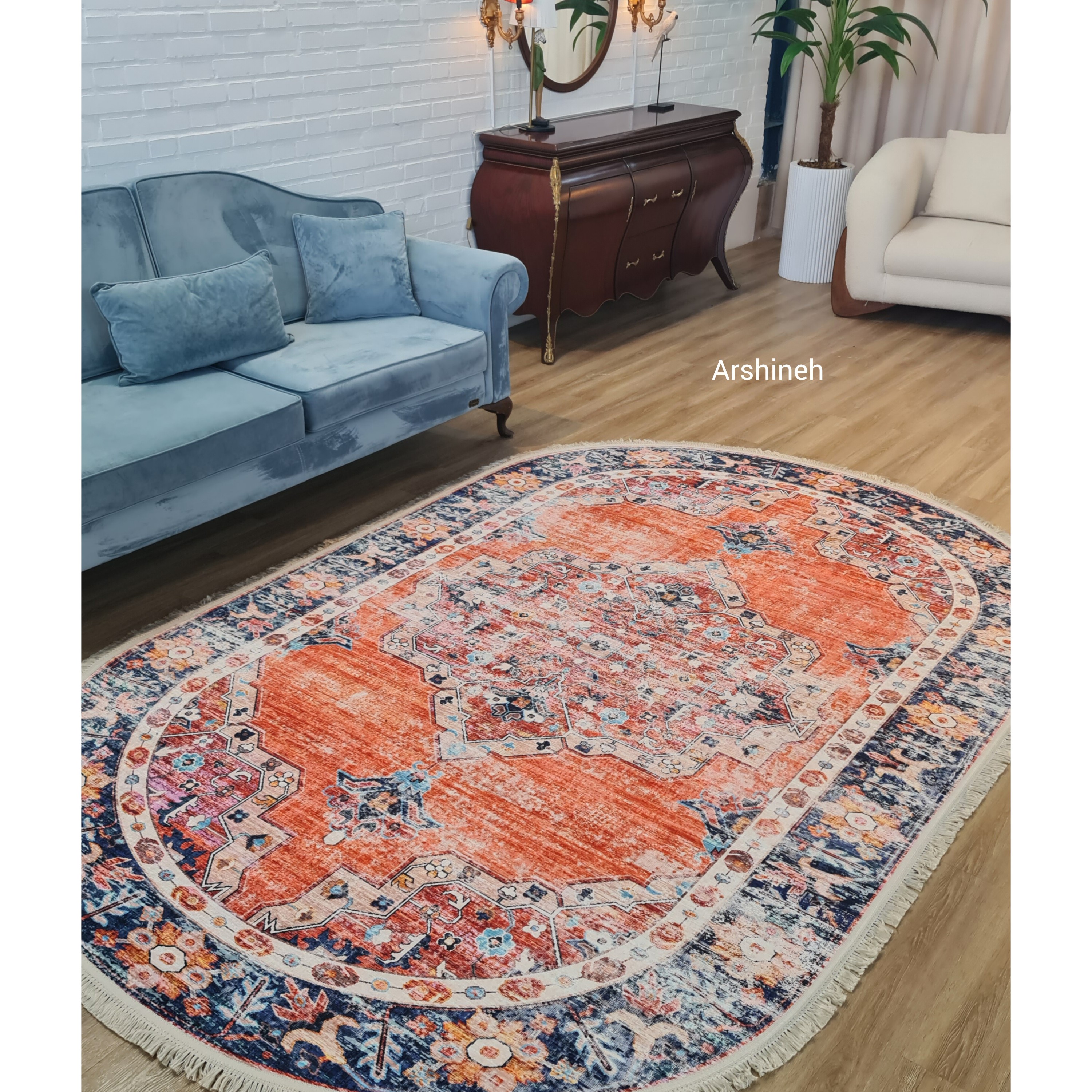فرشینه بیضی مخمل ترک نارنجی وینتیج b55جدید