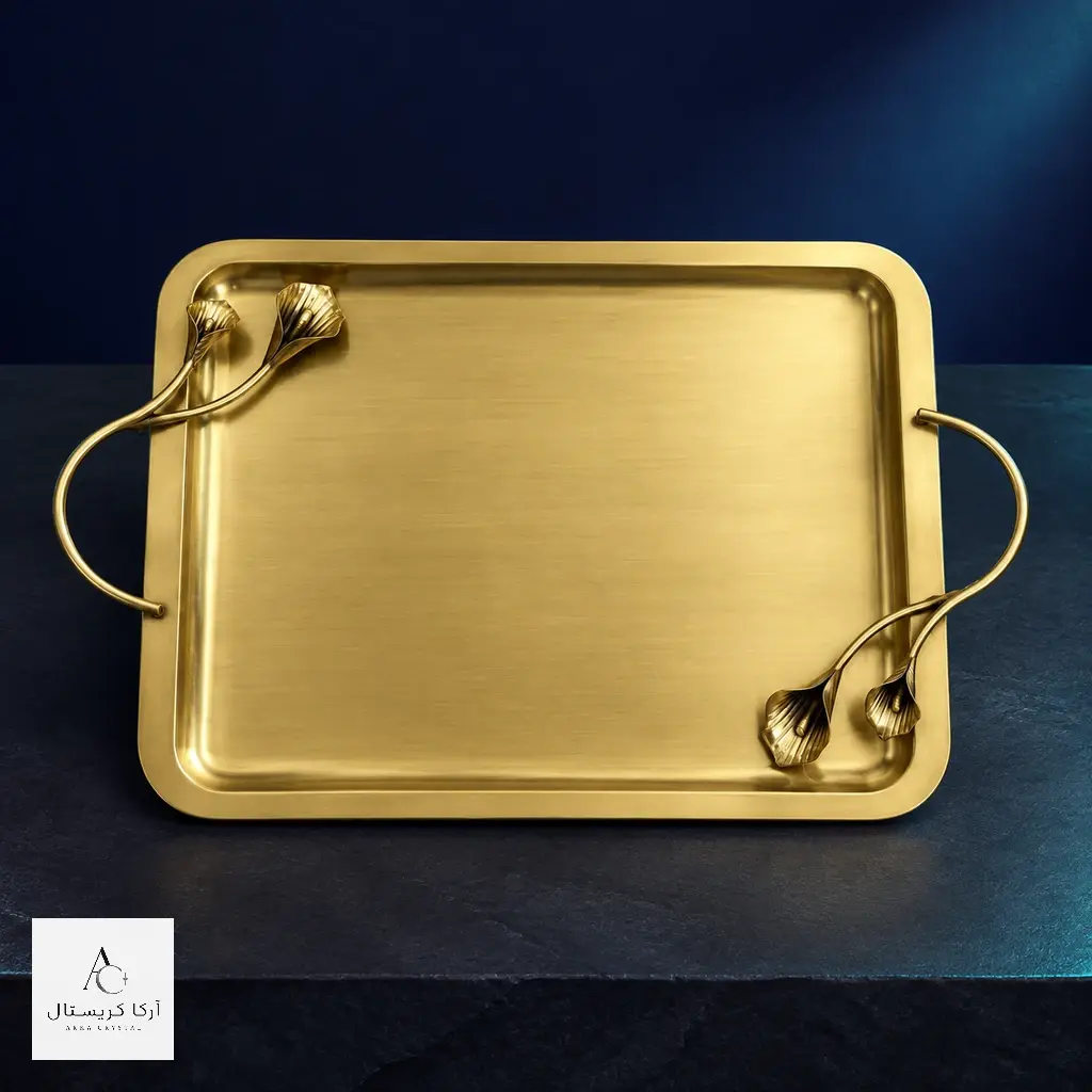 سینی دستهدار مدل دیانا 1550 سایز 49×30 سانتیمتر | سینی استیل طلایی لوکس