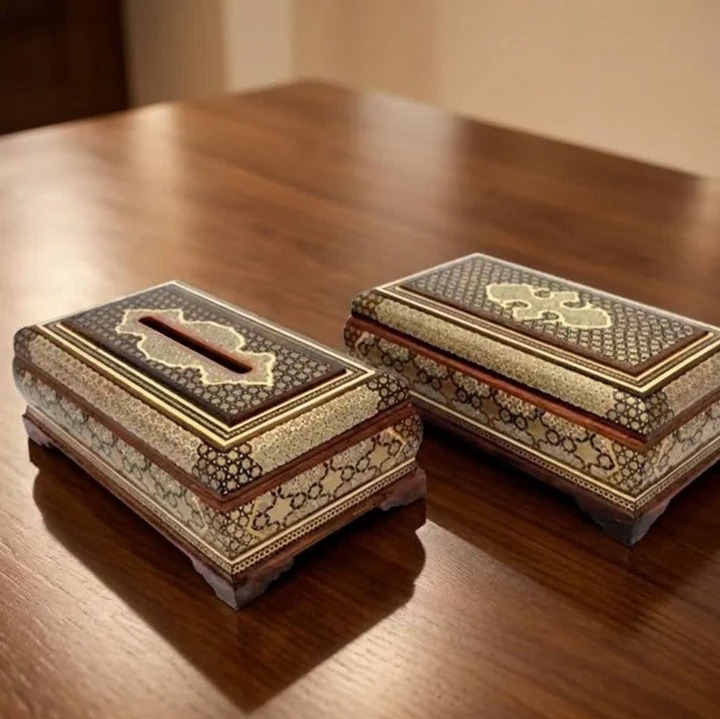 ست جعبه جا دستمال کاغذی و کارد و چنگال خاتم کاریجدید