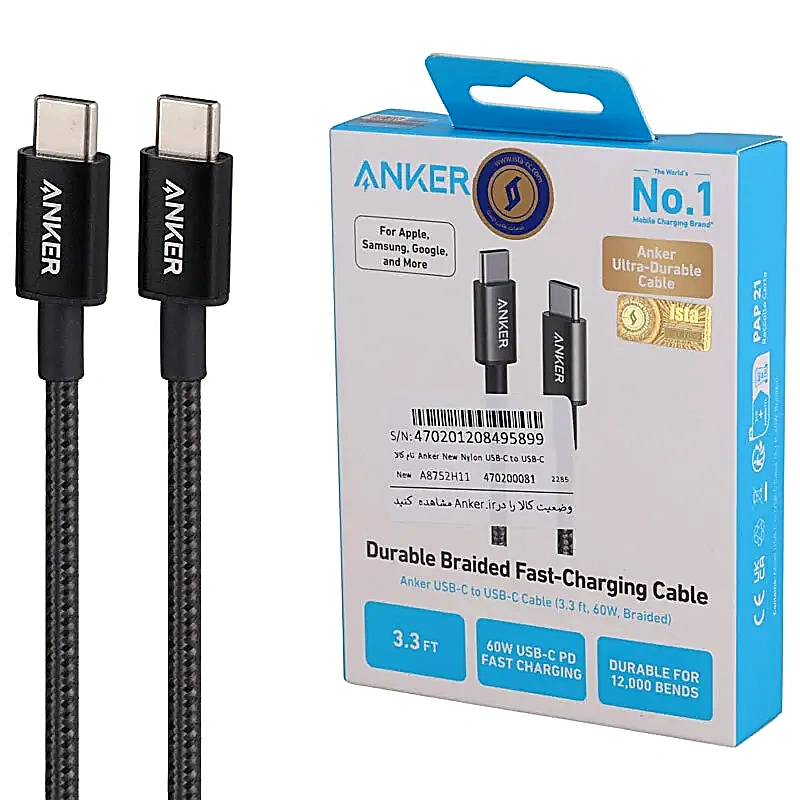 کابل دو سر تایپ سی فست شارژ 60 وات انکر A8752 طول 1 متر کد 9812