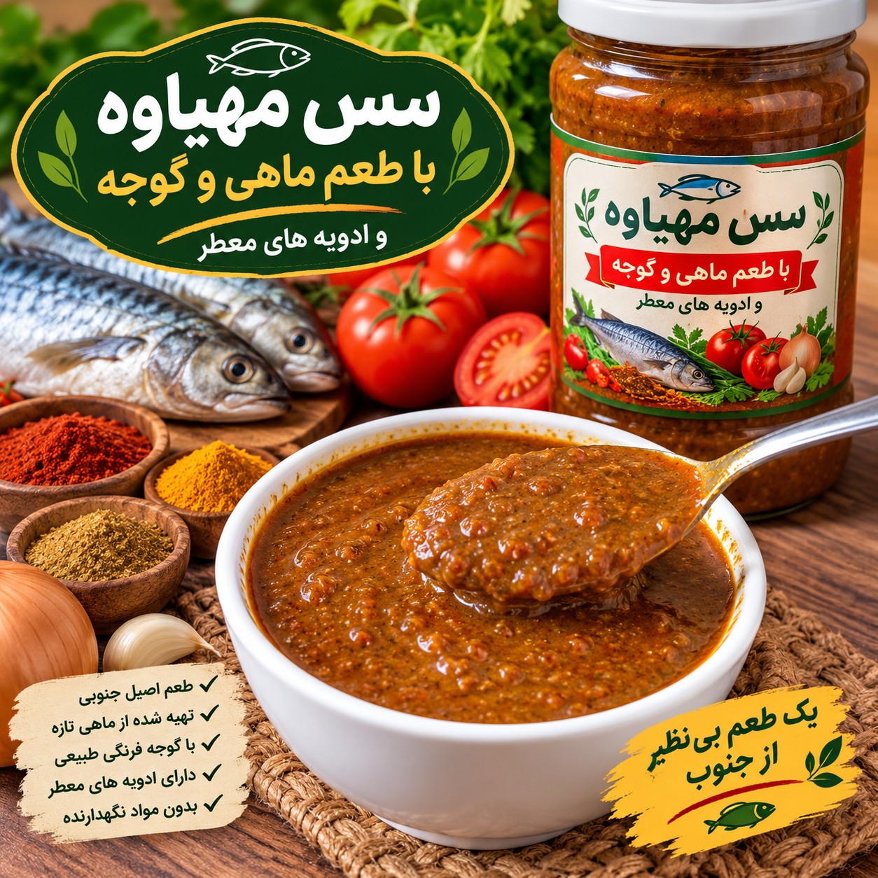 سس مهیاوه ماهی و گوجه خشک خونگی با ادویه مخصوص (500 گرمی)سوغات گراش، جنوب 