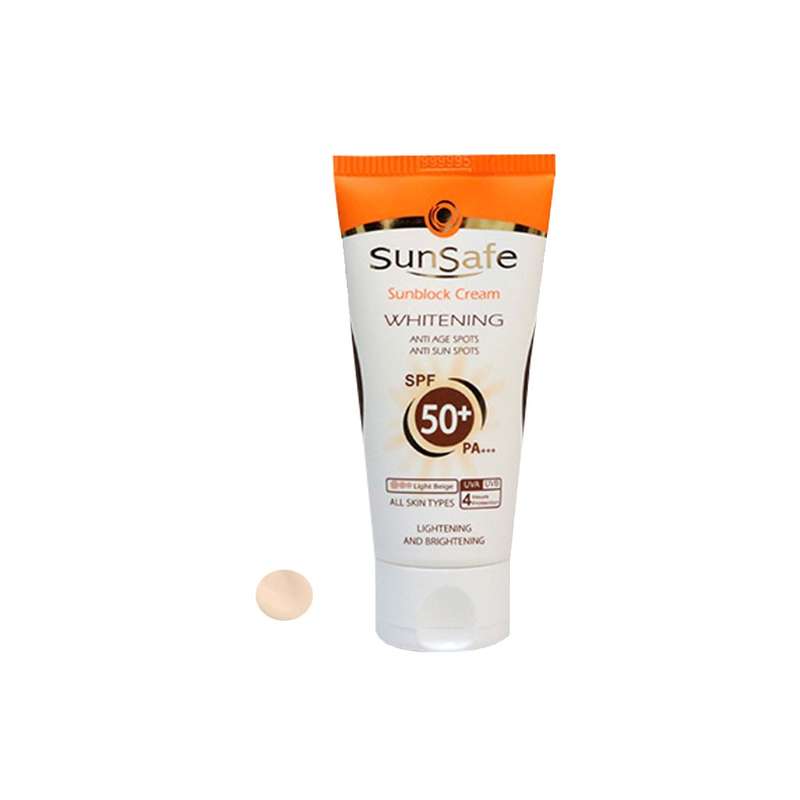 کرم ضد آفتاب و روشن کننده رنگی سان سیف SPF 50 مدل Sunblock مناسب انواع پوست وزن 50 گرم