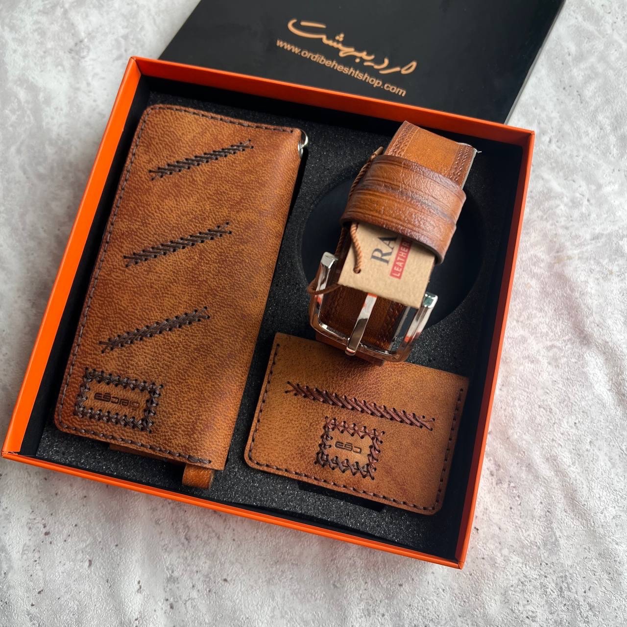 ست کیف پول و کمربند چرم طبیعی مردانه