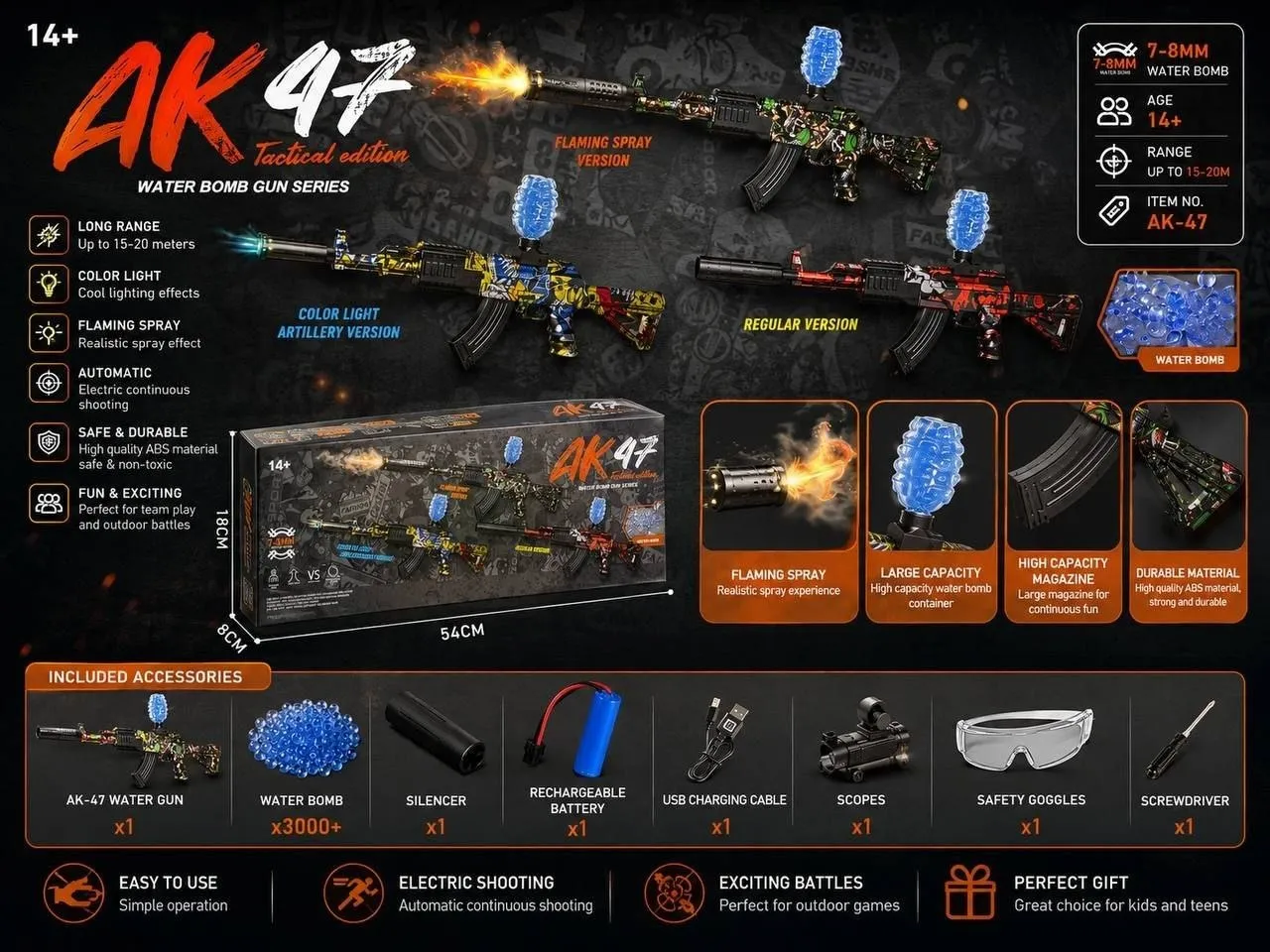 تفنگ اسباب بازی ژله ای شارژی مدل AK-47 تاکتیکال دودزا