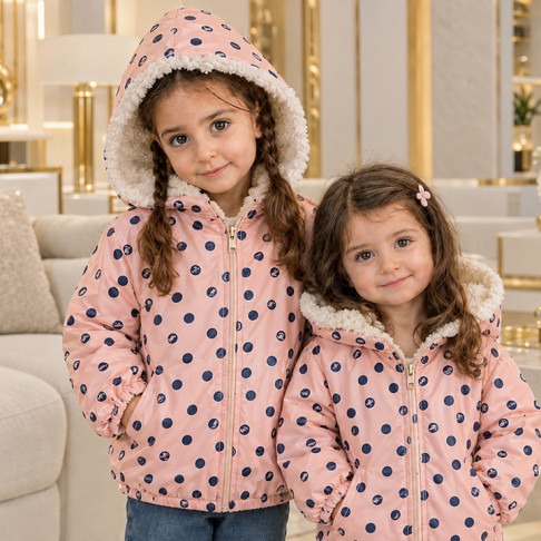کاپشن خزدار دخترانه کلاهدار 2 لایه ضدآب گرم صورتی مرجانی خالدار