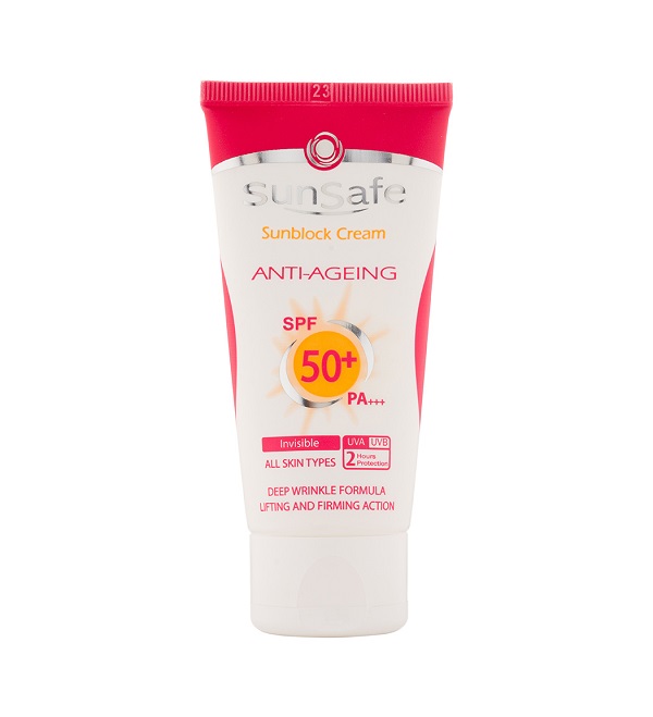 کرم ضد آفتاب و ضد چروک بی رنگ سان سیف با SPF50 وزن 50 گرم
