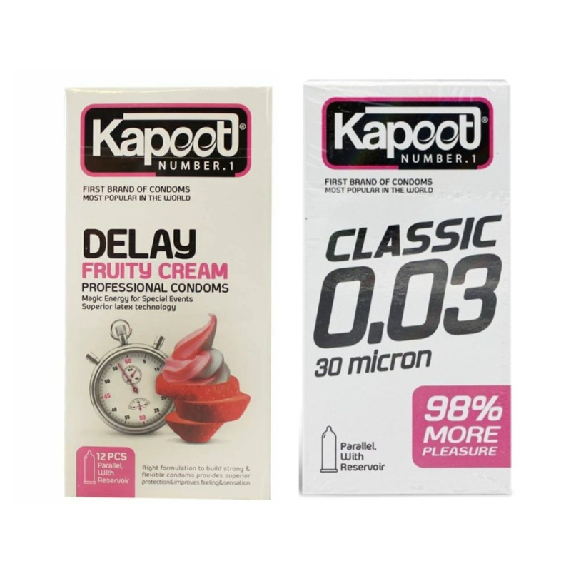 کاندوم تاخیری کاپوت مدل DELAY FRUITY CREAM بسته 12 عددی به همراه کاندوم کلاسیک کاپوت مدل CLASSIC 0.03 بسته 10 عددیجدید