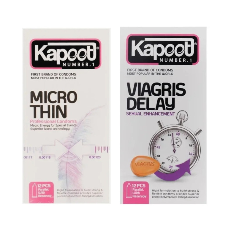 کاندوم کلاسیک کاپوت مدل MICRO THIN بسته 12 عددی به همراه کاندوم تاخیری کاپوت مدل VIAGRIS DELAY بسته 12 عددیجدید