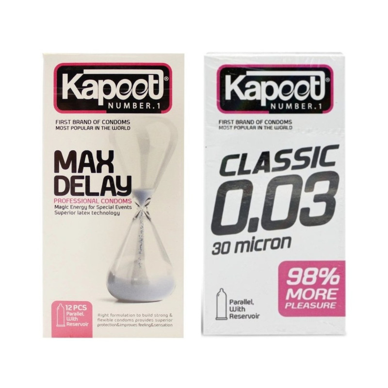کاندوم کلاسیک کاپوت مدل CLASSIC 0.03 بسته 10 عددی به همراه کاندوم تاخیری کاپوت مدل MAX DELAY بسته 12 عددیجدید