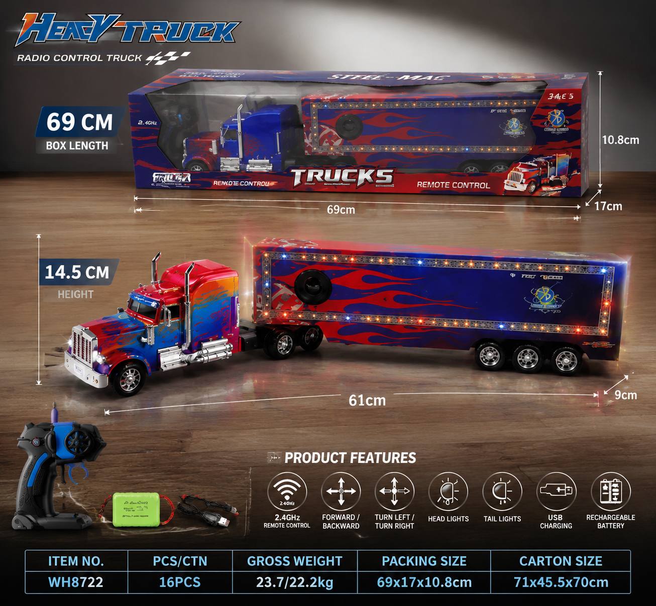 تریلی کنترلی غولپیکر بلوتوثی اسپیکردار سایز بزرگ 61 سانتیمتر آیتم 8722 Heavy Truck