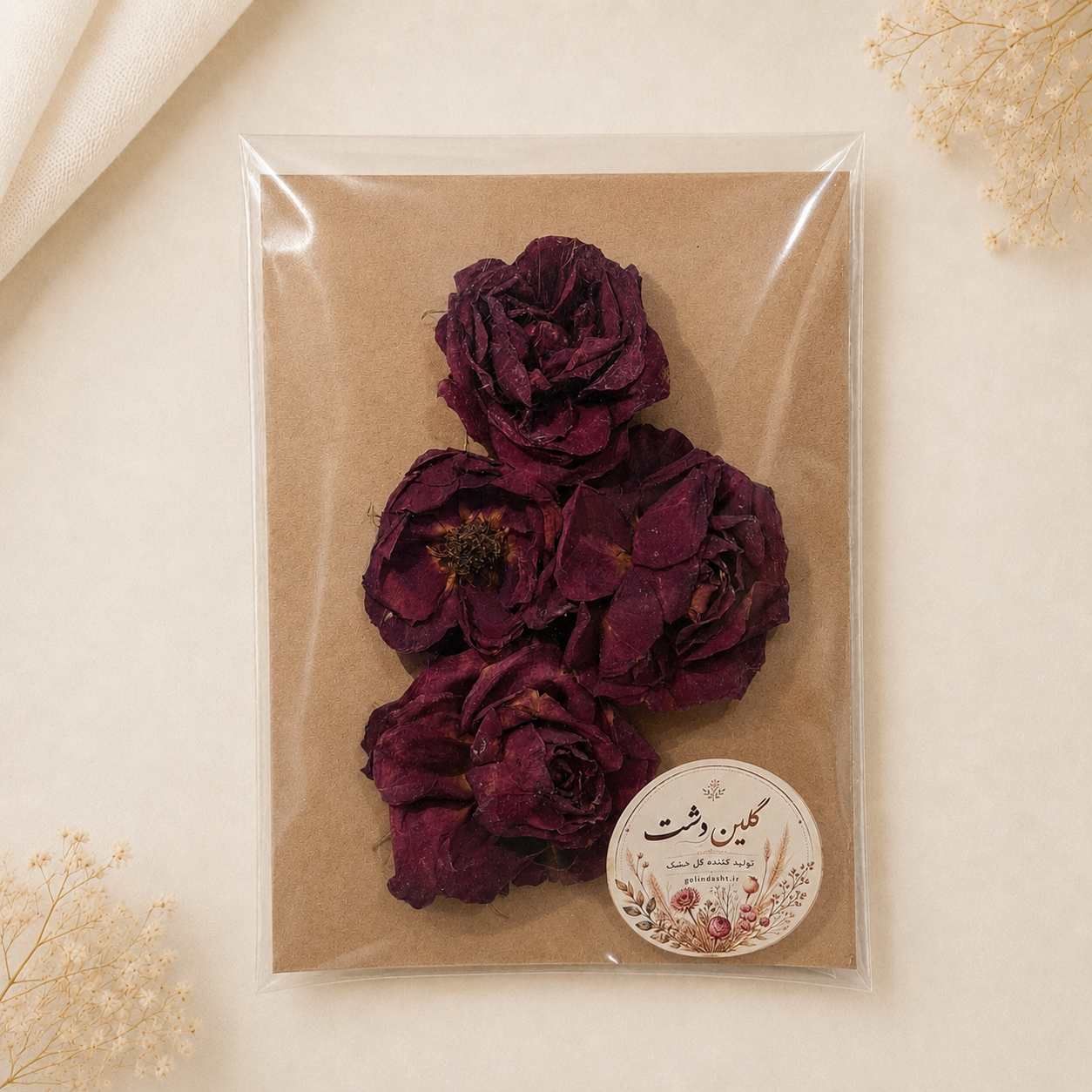 سرگل رز مینیاتوری خشک طبیعی - طیف زرشکی بادنجانی (4 عددی گل درشت)