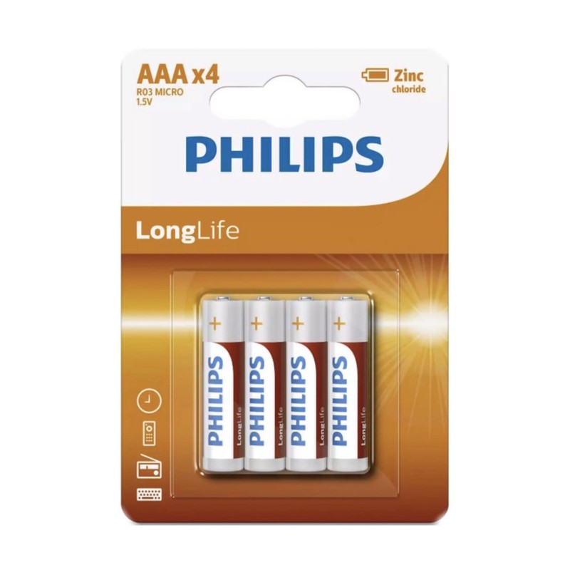 باتری نیم قلمی فیلیپس مدل LongLife کد R03L4B10 بسته 4 عددی