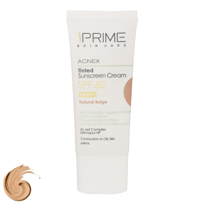 کرم ضدآفتاب رنگی پرایم مدل Acnex Beige SPF60، مناسب پوست های چرب، حجم 40 میلی لیتر
