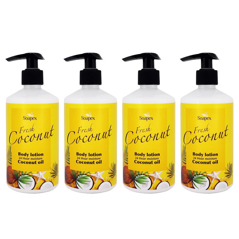 مجموعه 4 عددی لوسیون بدن سوپکس مدل Coconut oil حجم 350 میلی لیتر مرطوب کننده، ترمیم کننده بافت های آسیب دیده، رفع خشک...