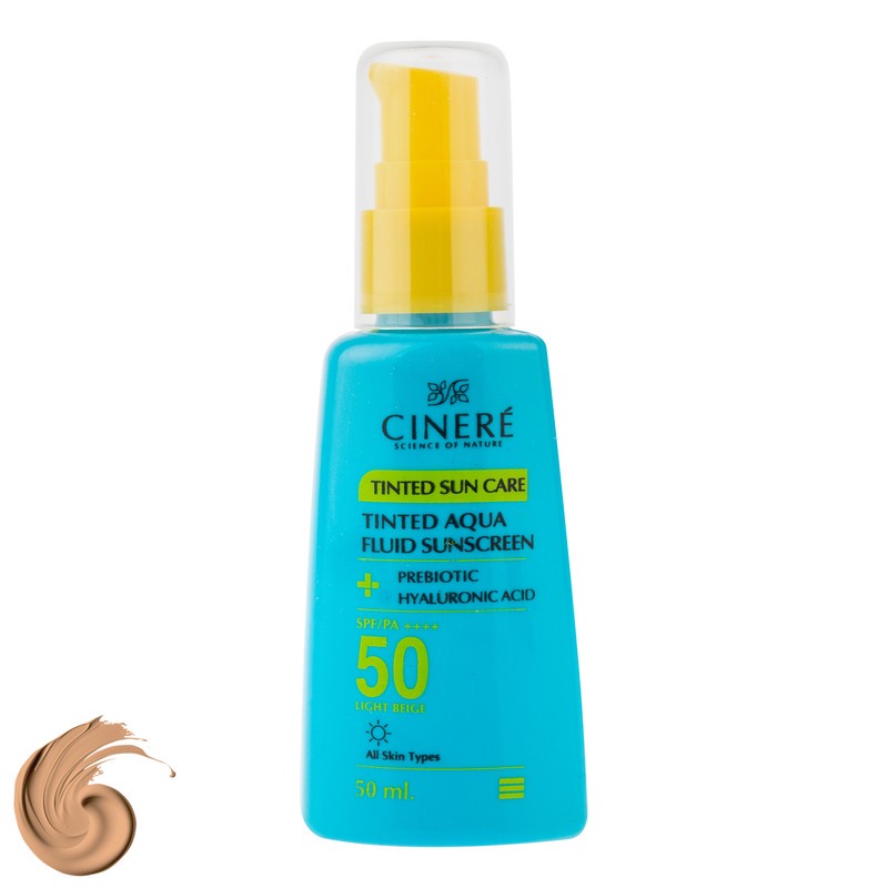 فلوئید ضد آفتاب رنگی بژ روشن صورت سینره SPF 50 مدل AQUA محافظ UVA ،UVB و PA مناسب برای انواع پوست حجم 50 میلیلیتر
