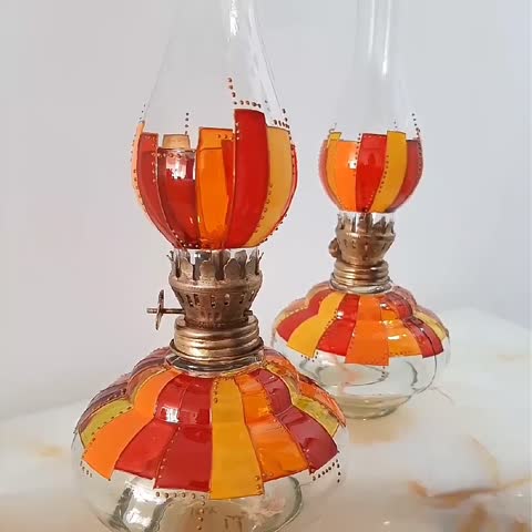 جاشمعی ، چراغ گرد سوز طرح شعله نقاشی با تکنیک ویترای