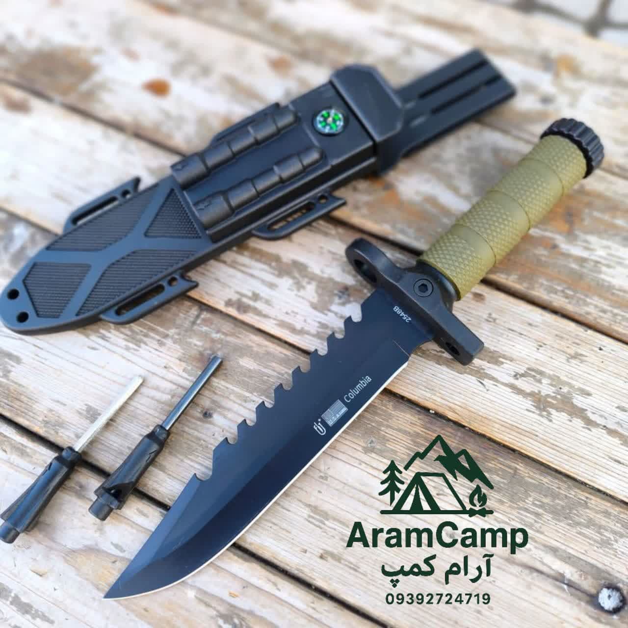 کارد بقا و کمپینگ AramCamp | تیغه ثابت تاکتیکال، دسته ارگونومیک، غلاف حرفهای با قطبنما و دو چخماق آتشزاجدید