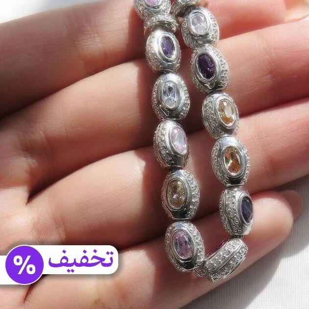 تسبیح نقره 33 دانه نقره تایلندی پودر سنگ آمتیست سیترین یاقوت زبرجد