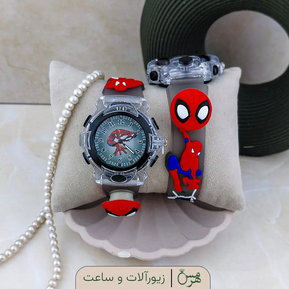 ساعت مچی بچگانه طرح مرد عنکبوتی (موزیکال، چراغ دار و اسپینری)