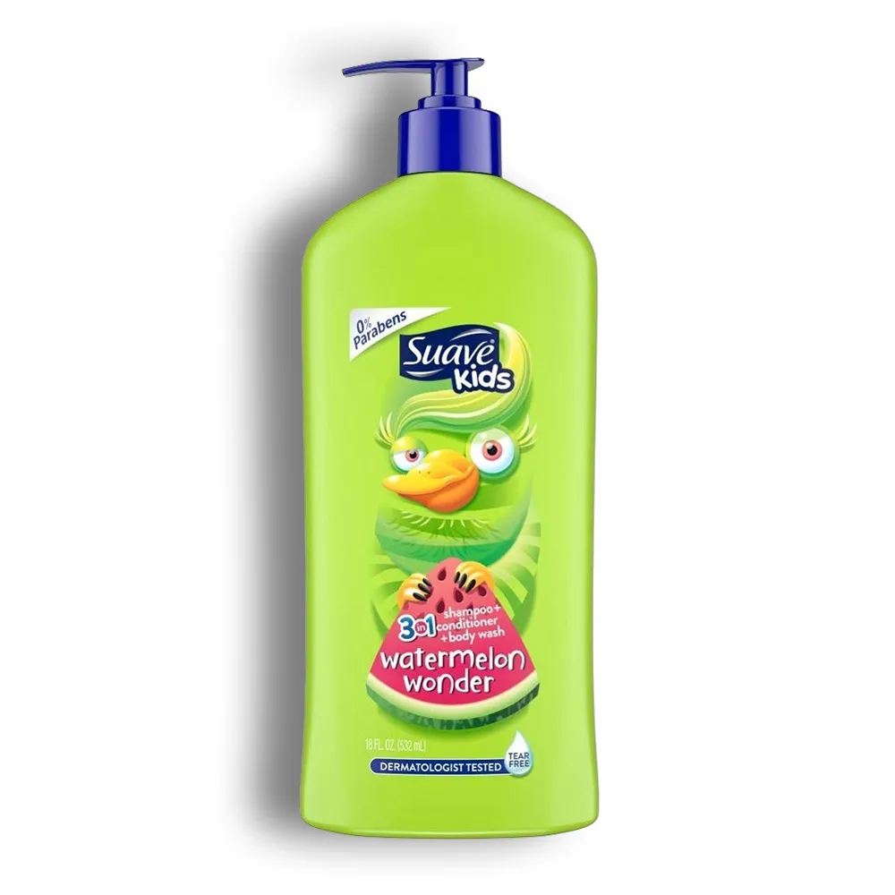 شامپو، نرمکننده و شوینده بدن 3 در 1 کودک با رایحه هندوانه سوآو Suave Watermelon Wonder حجم 532 میل