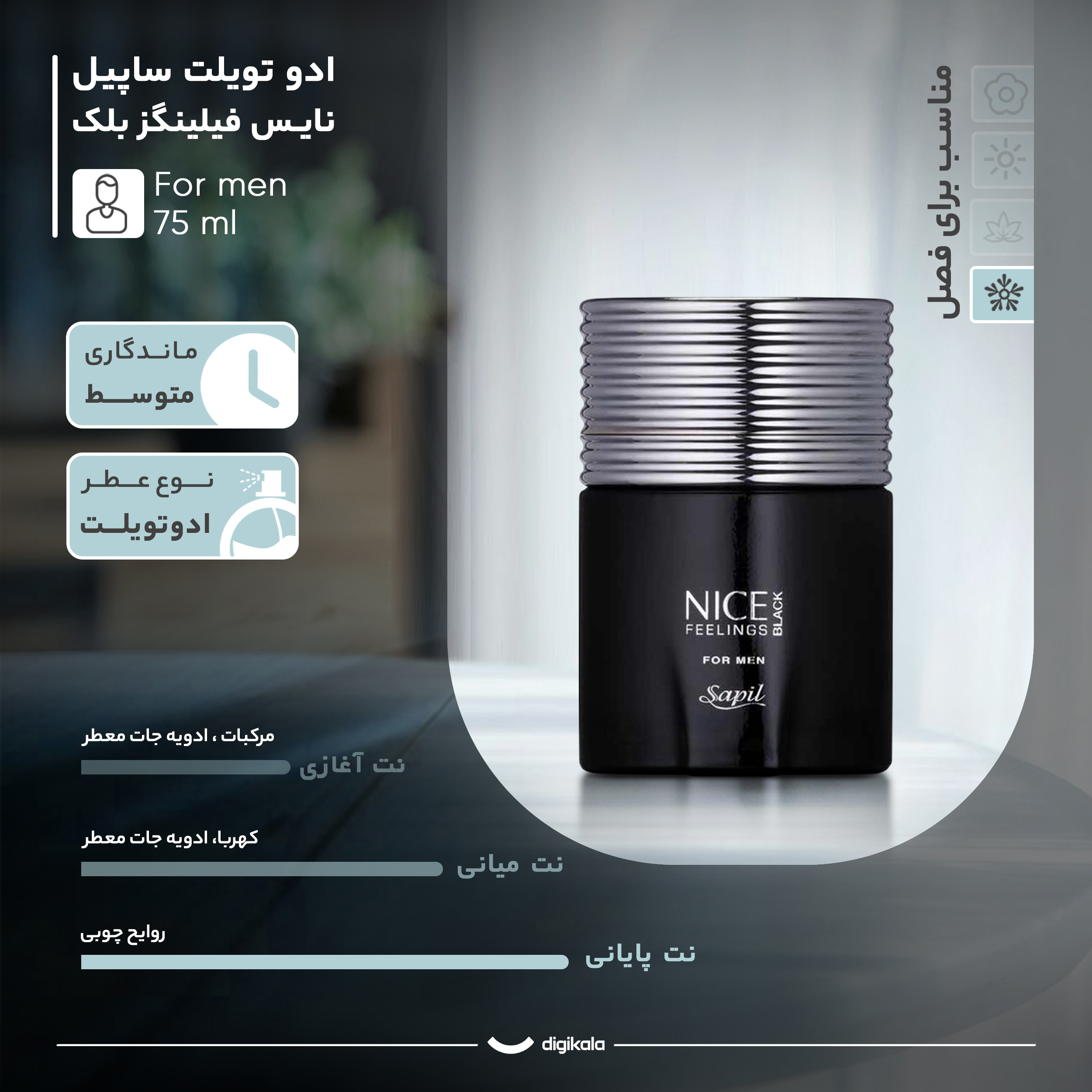 ادو تویلت مردانه ساپیل مدل نایس فیلینگز بلک با رایحه گرم و تند حجم 75 میلی لیتر مدل 2
