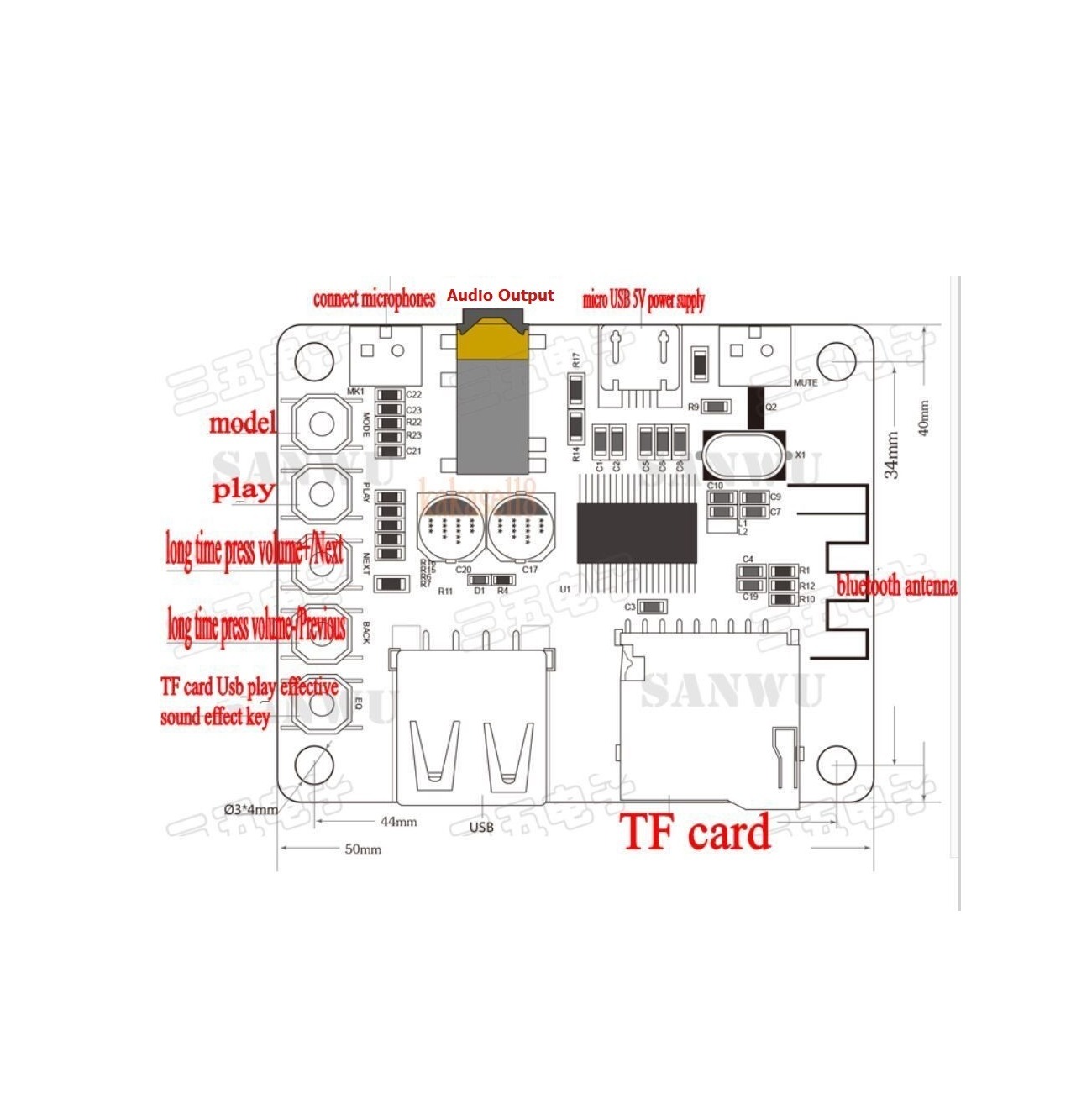 ماژول گیرنده بلوتوث صوتی TEL0108 با قابلیت پخش آهنگ از USB و TF-Card دارای میکروفن و IR Receiverجدید