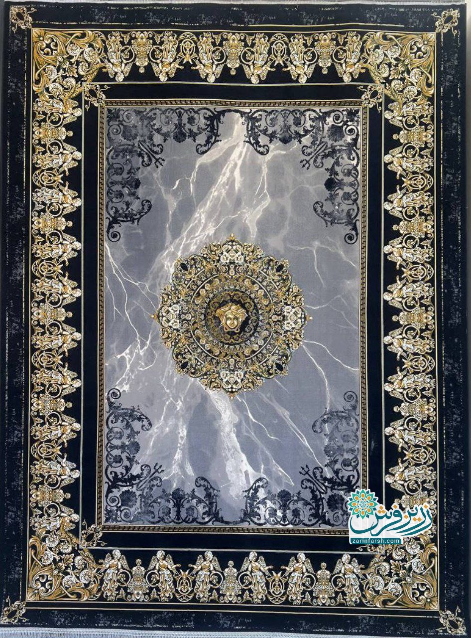 فرش ماشینی 1200 شانه طرح ورساچه سرمه ای کد 1232