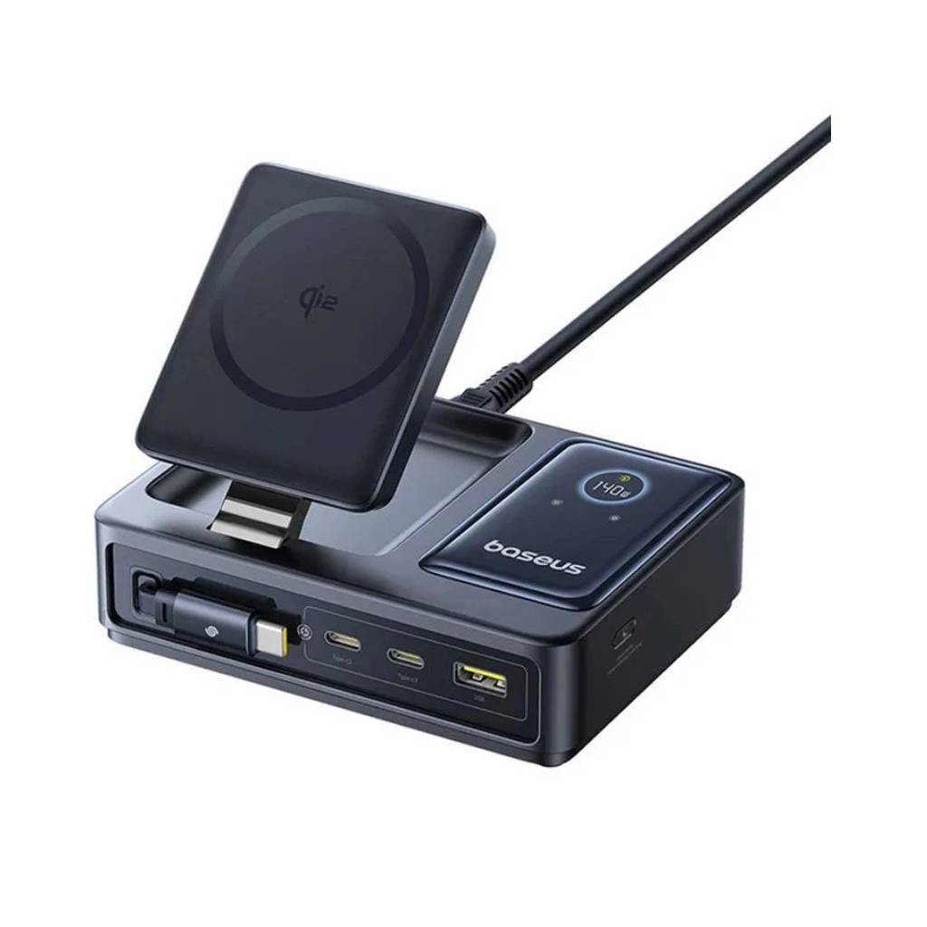 شارژر رومیزی 140 وات باسئوس 5 پورت مدل Baseus Nomos 5in1 Qi2 با 3 خروجی USB-C و 1 خروجی USB و 1 خروجی بی سیم به همراه کا