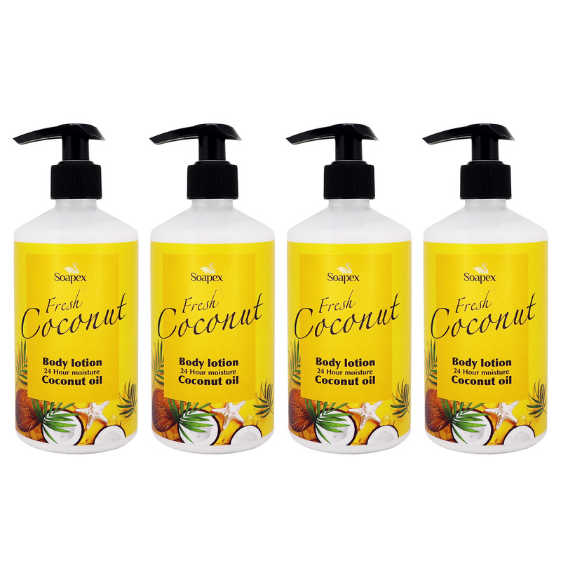 مجموعه 4 عددی لوسیون بدن سوپکس مدل Coconut oil حجم 350 میلیلیتر مرطوبکننده، ترمیمکننده بافتهای آسیبدیده، رفع خشکی و ش...