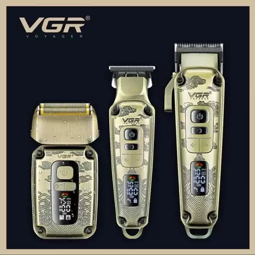 ست ماشین اصلاح ارایشگری vgr 642 مردانه دیجیتال ضد اب بدنه فلزی