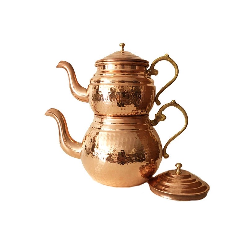قوری مسی مدل شکمی دسته برنجی کد ZH426 مجموعه 2 عددی صبا مس زنجان