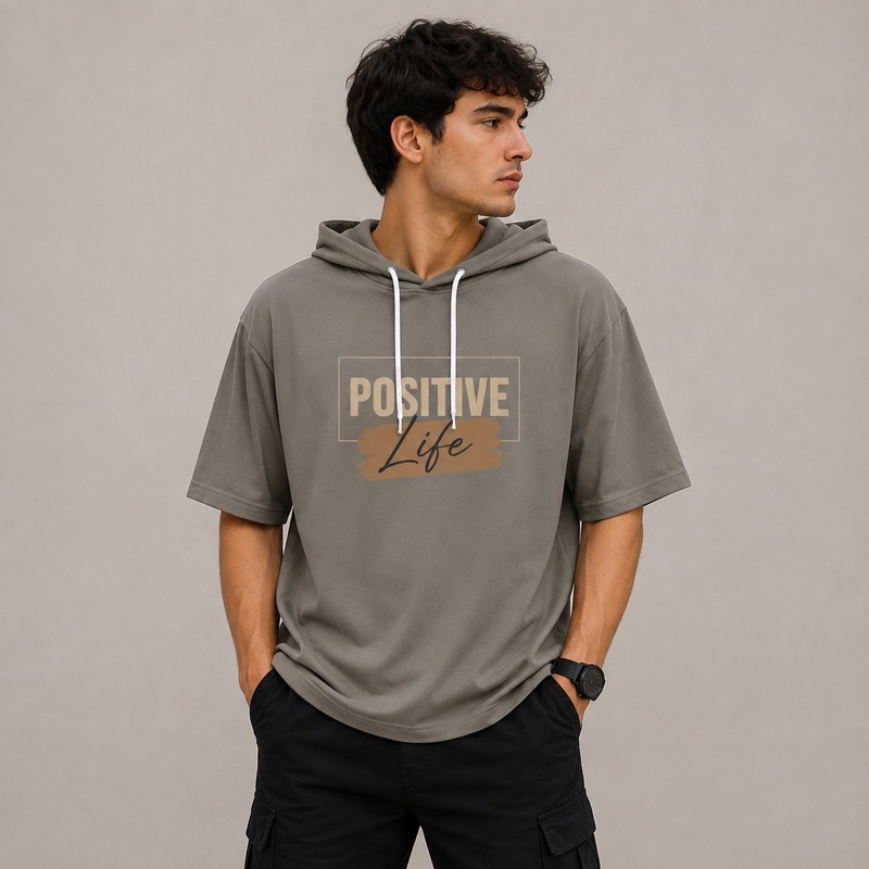 تی شرت مردانه کلاه دار پنبه ای طرح حروف مدل positive