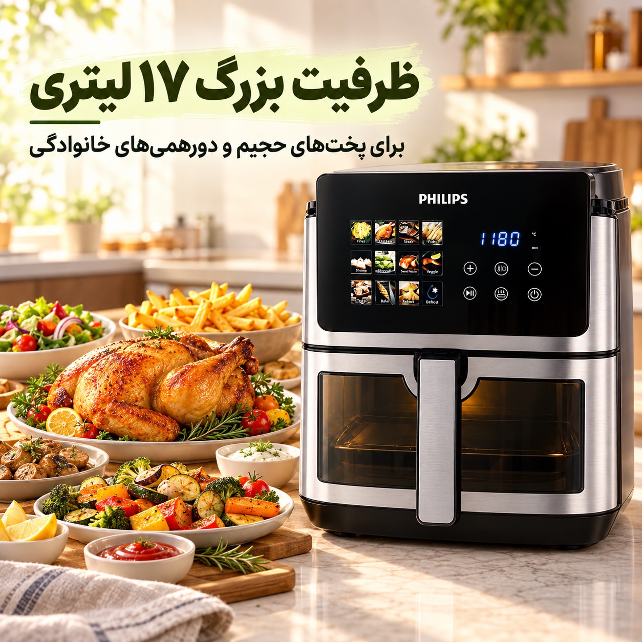 سرخکن بدون روغن فیلیپس PH-9285 بزرگ 17 لیتری ، 7000 وات، وایفای دار و المنت دوگانه و قابلیت یخزداییجدید
